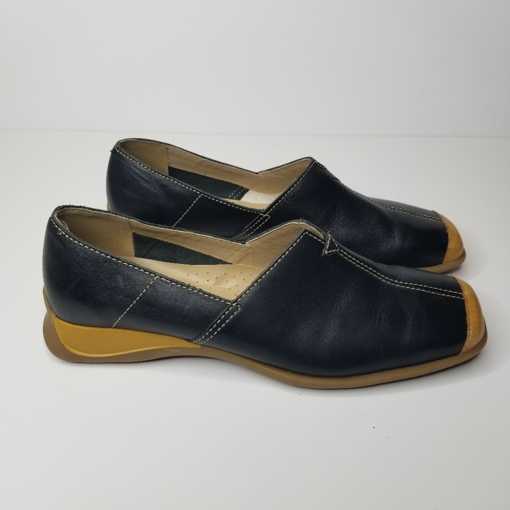 Navy Blue Leather Moc Toe Flats